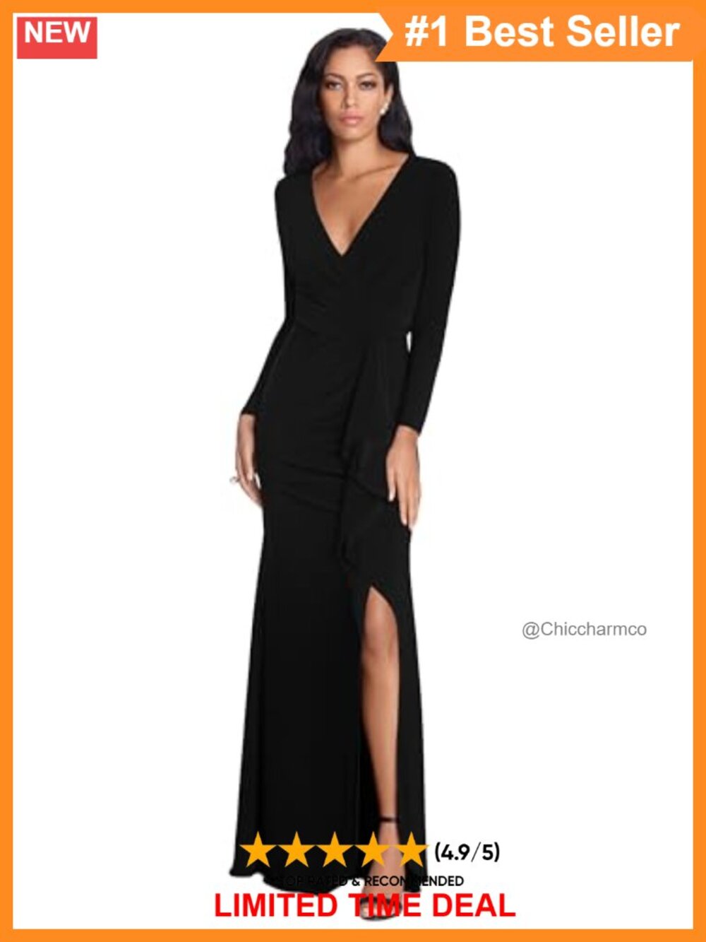 Formal Evening Gown V-Neck Long Sleeve Ruffle Side Slit Floor-Length Dress
